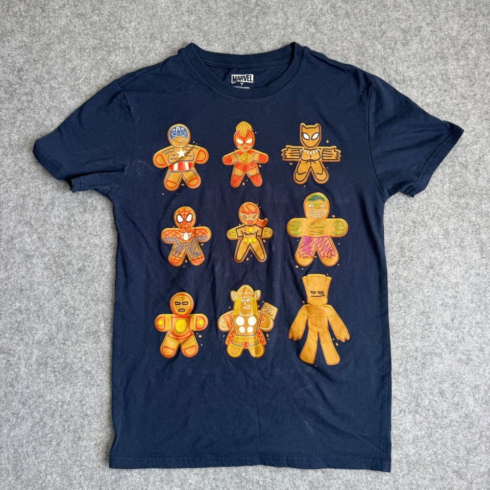 Marvel Mens Gingerbread Avengers Graphic T Shirt Small S Navy Blue Holiday
